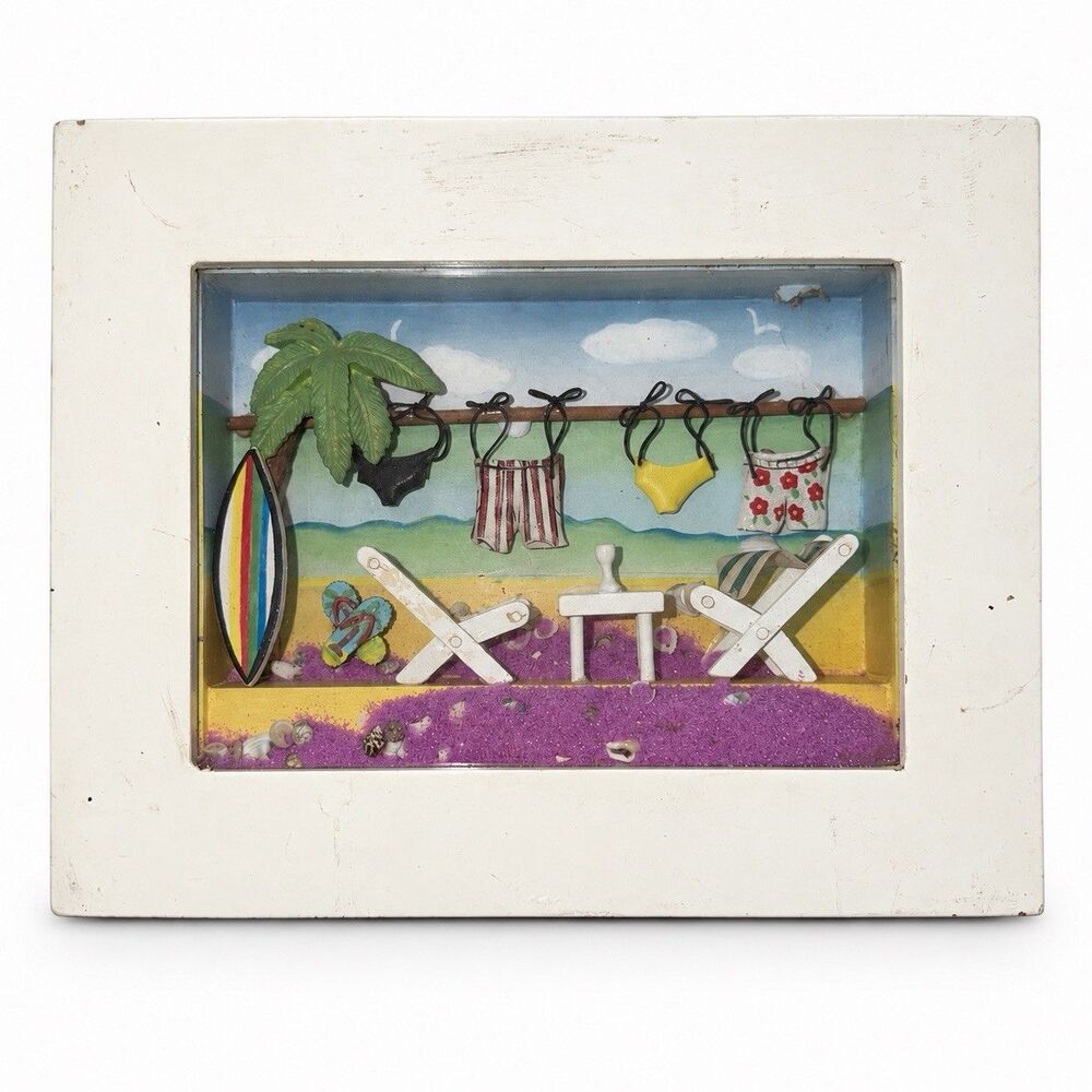 Handmade Beach Shadow Box Diorama 11x9 Surfboard Chairs Shells Coastal Decor